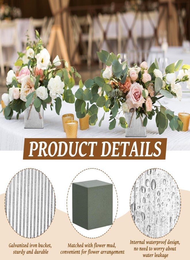 Ninehaoou 12 Set Galvanized Metal Vases for Flowers 3.5 x 3.7 Inch Farmhouse Square Mini Tin Bucket with Removable Flower Mud Liners & Twine Bow Vintage Rustic Decor for Wedding Table Centerpiece - Image 3